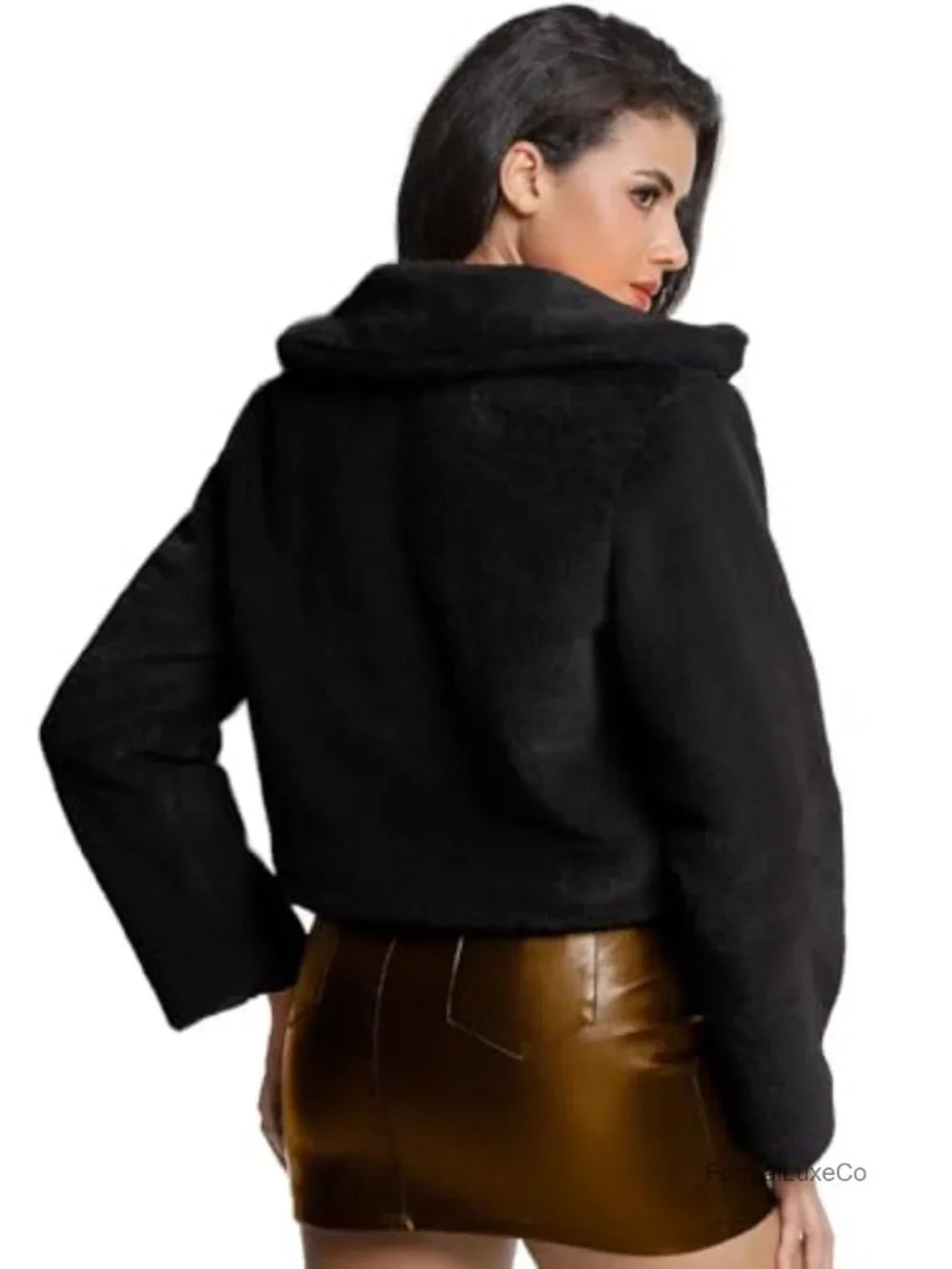 Cropped Faux Fur Coat with Shawl Collar & Snap Buttons